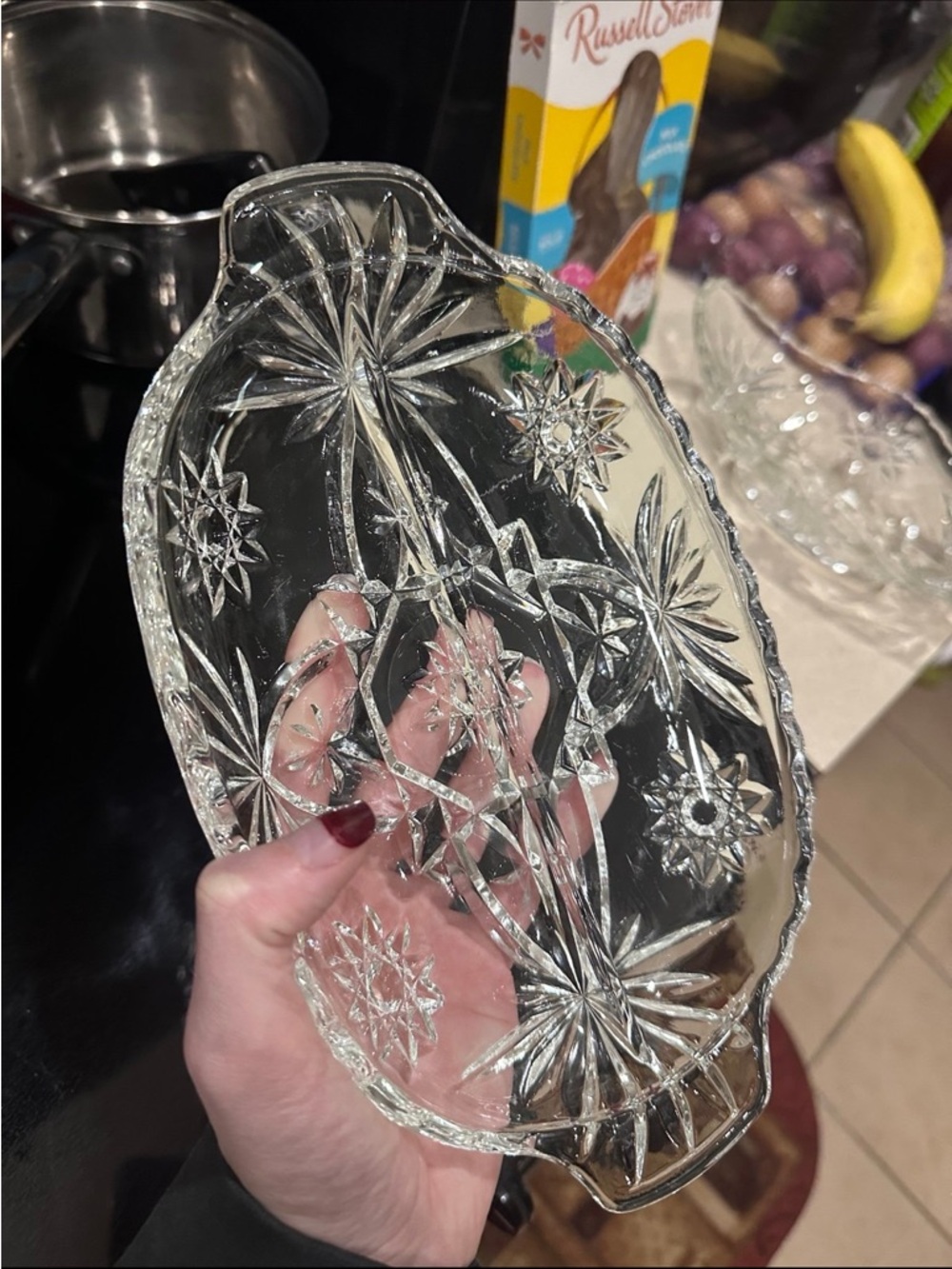 Vintage Crystal Sunflower / Star Design Glass Dish / Tray With Divider